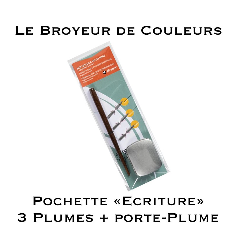 Pochette "Ecriture" - 3 plumes + 1 Porte-plume bois et boite métal - Brause