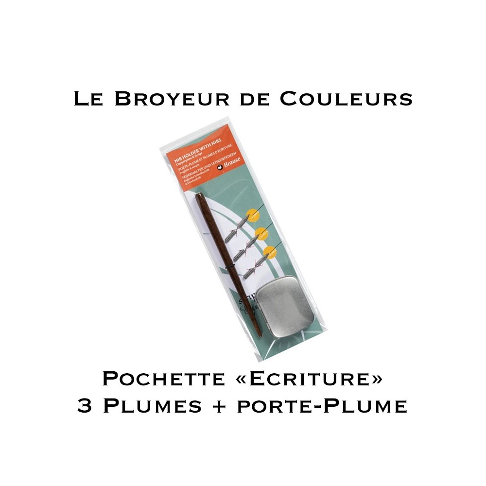 Pochette "Ecriture" - 3 plumes + 1 Porte-plume bois et boite métal - Brause